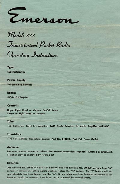 [Emerson 838 instruction sheet]